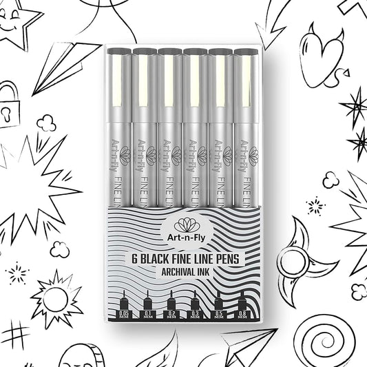 Micro Pen Set - 6 Assorted Sizes - Black Ink Fineliner Pens | Waterproof, No Bleed & Quick-Dry Fine Point Pen with Japanese Archival Pigment Ink for Drawing, Sketching, Manga, Illustration